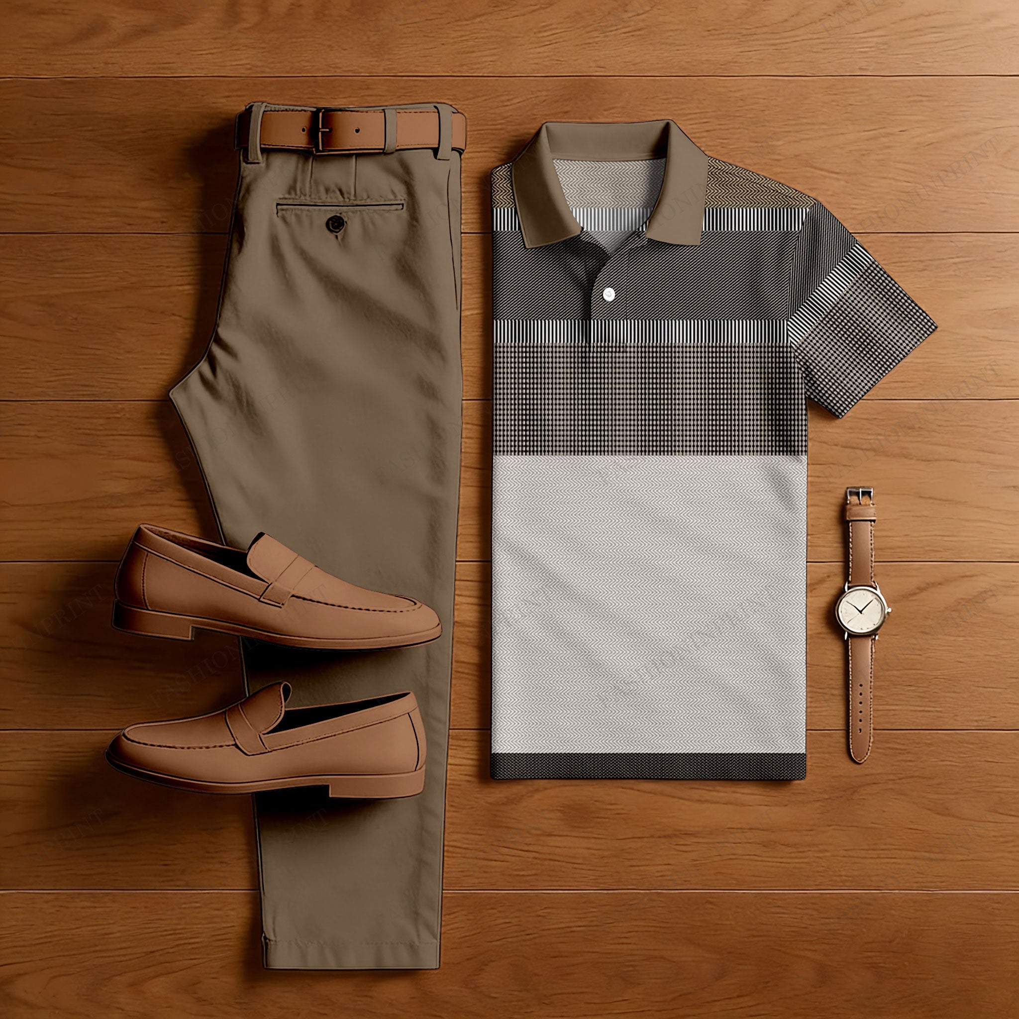 Men's Casual Color Blocking Geometry Printed Polo Shirt And Pants Two-Piece Set 204599