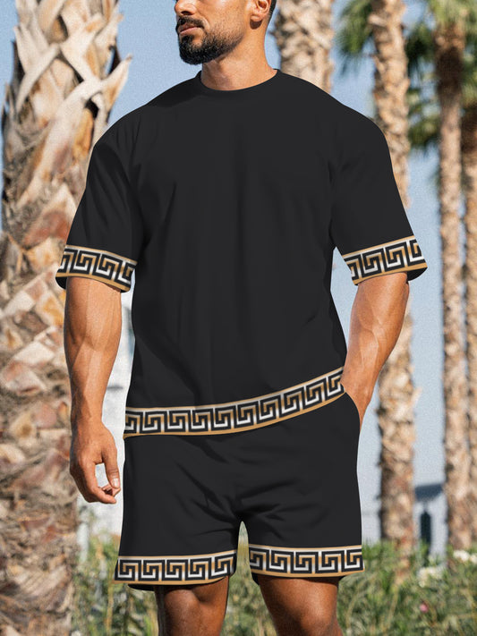 Men's Casual Sports Street Simple Color Block Printed Shorts Suit 003
