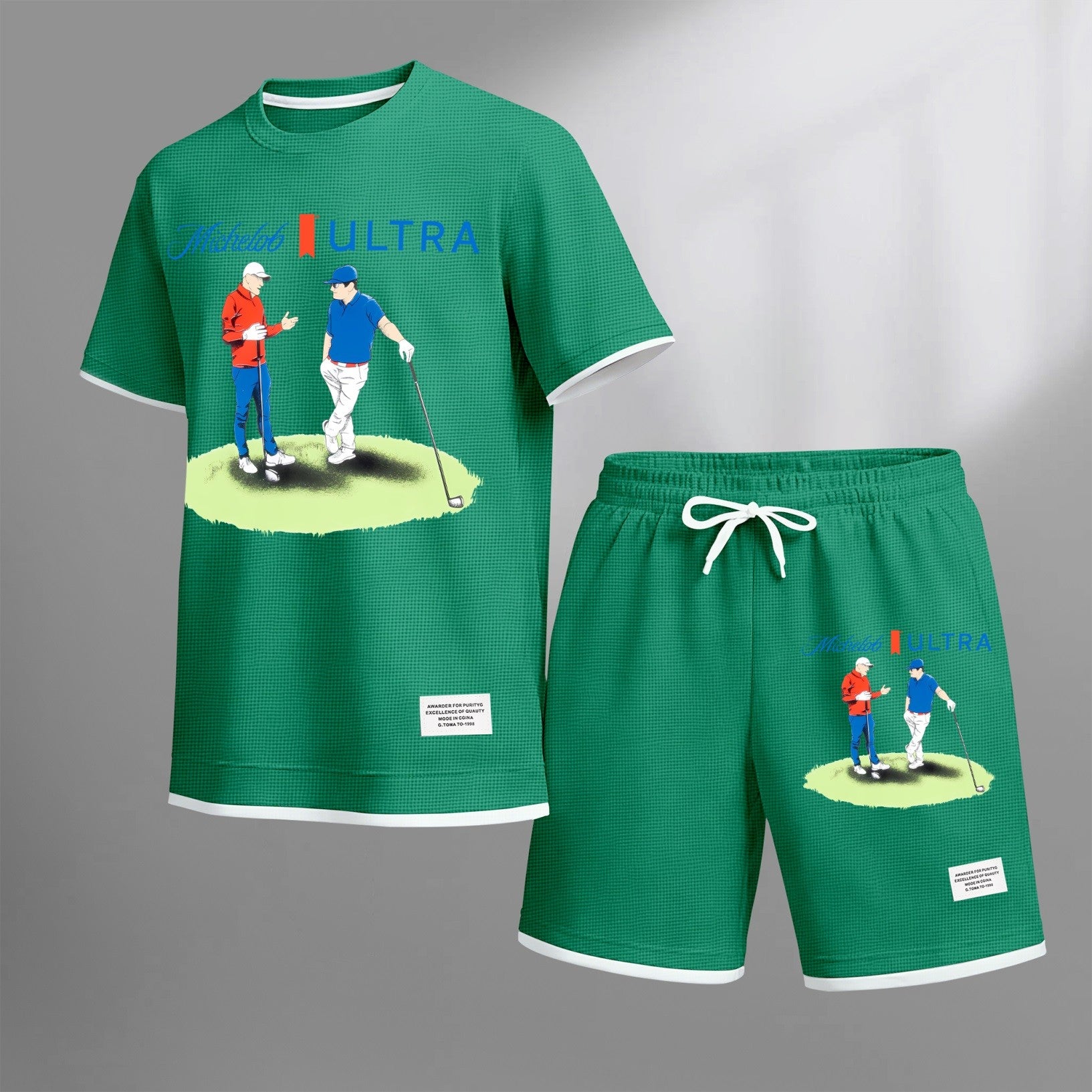 Men's vintage beverage print drawstring shorts set, suitable for spring and summer wear. This casual summer set includes a short-sleeved shirt and shorts, perfect for everyday wear and sports. Two-piece set design.