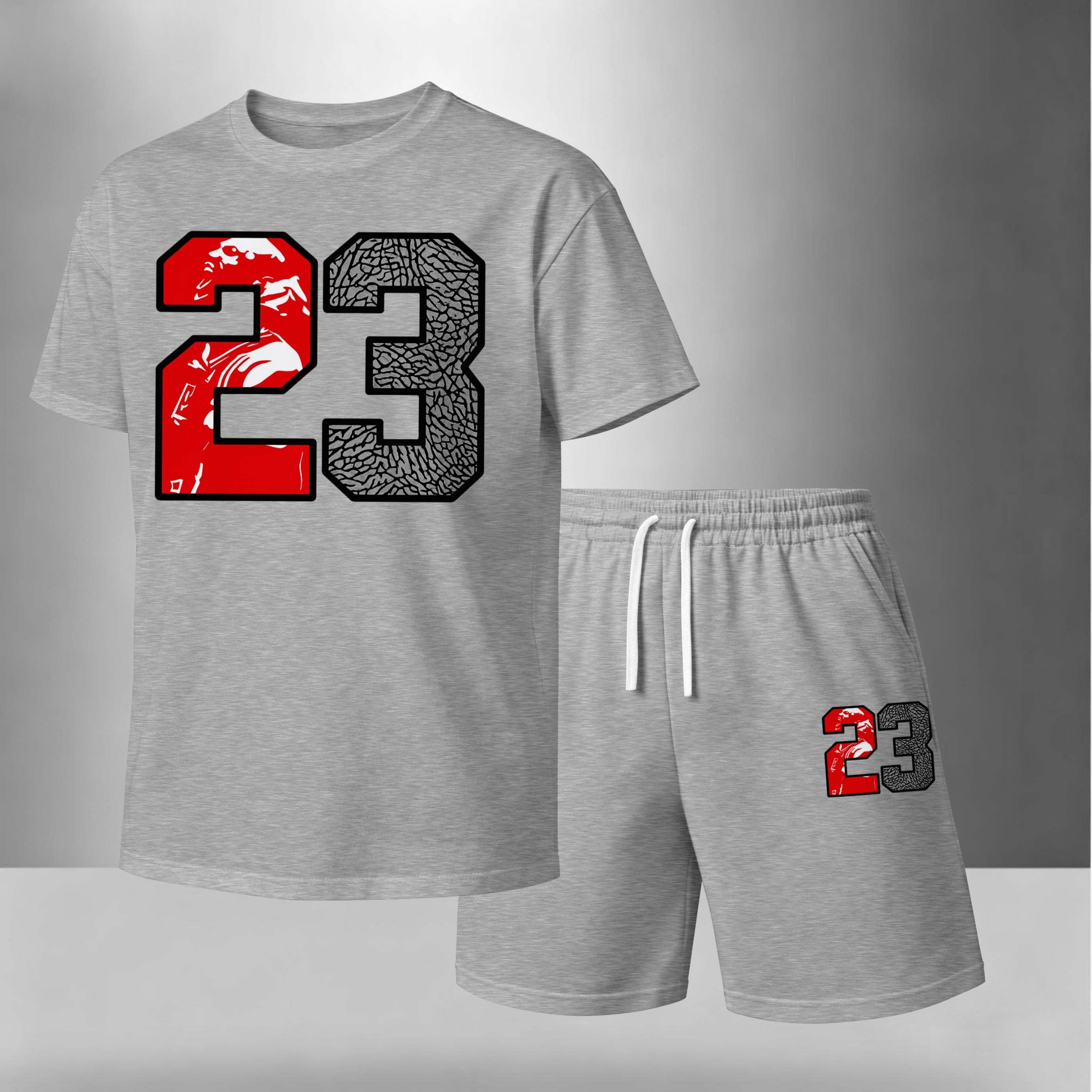 Men’s Summer 2 Piece Set, Basketball 23 Letter Print Short Sleeve T Shirt and Drawstring Shorts Matching Outfit, Lightweight Breathable Casual Set for Travel, Streetwear, Beach, Vacation, and Daily Wear