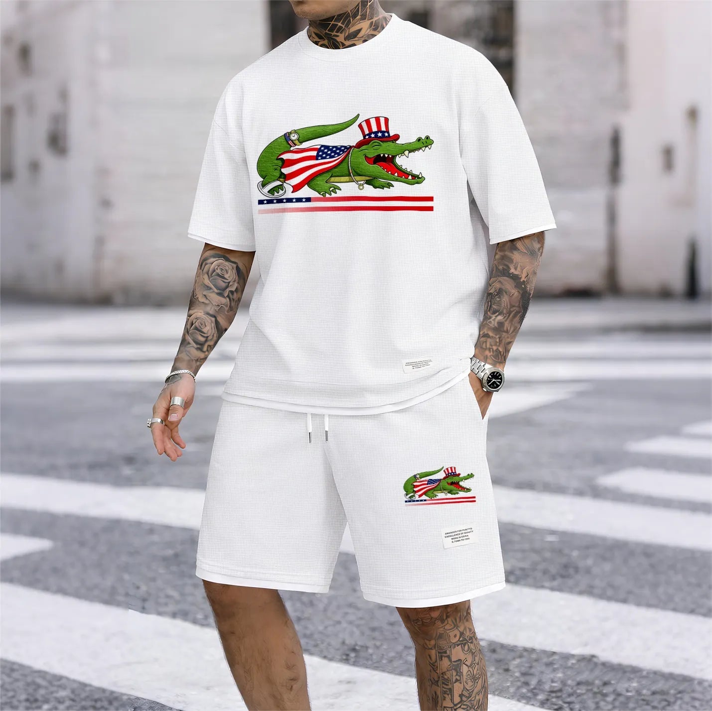Men's Funny Animal Graphic Print Short Sleeve Shirt and Drawstring Shorts Set, Casual Summer Two-Piece Outfit, Lightweight Breathable Relaxed Fit Sportswear, Stylish Comfortable Daily Wear Beach Vacation Travel Loungewear