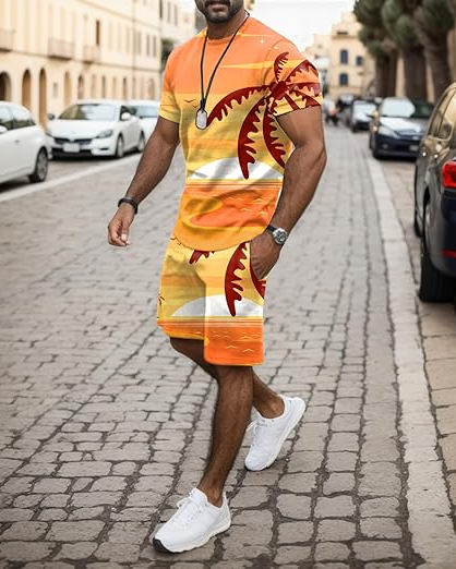 Men's Hawaiian Print Shorts Set 451