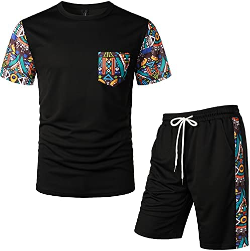 Men's Printed Colorblock T-Shirt and Shorts Set 012