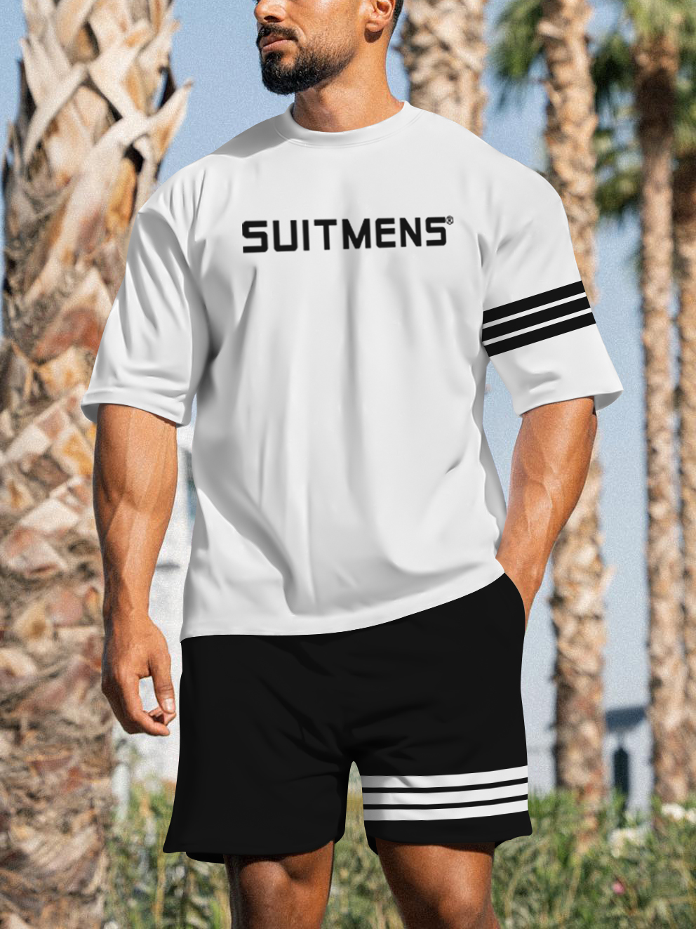 Suitemns Men's Casual Sports Street Simple Color Block Printed Shorts Suit 030