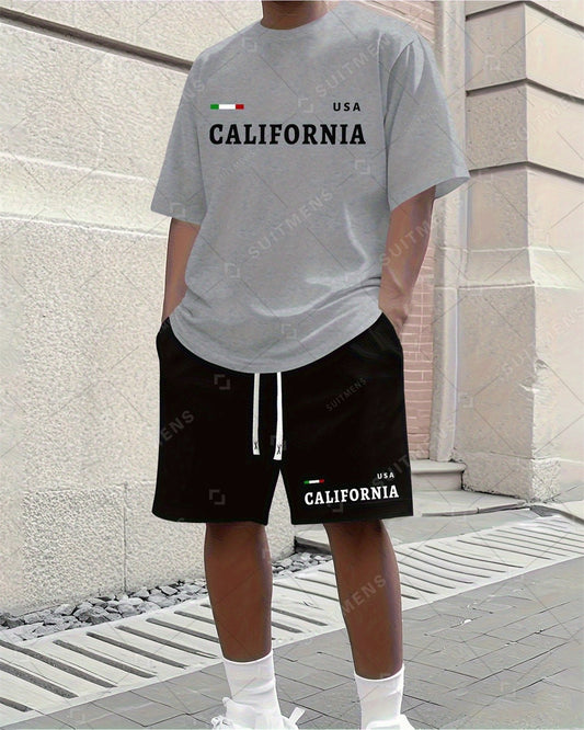 Men's Summer Letter Print Round Neck Set 268