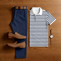 Men's Casual Black Striped Short-Sleeved Polo Shirt And Trousers Two-Piece Set