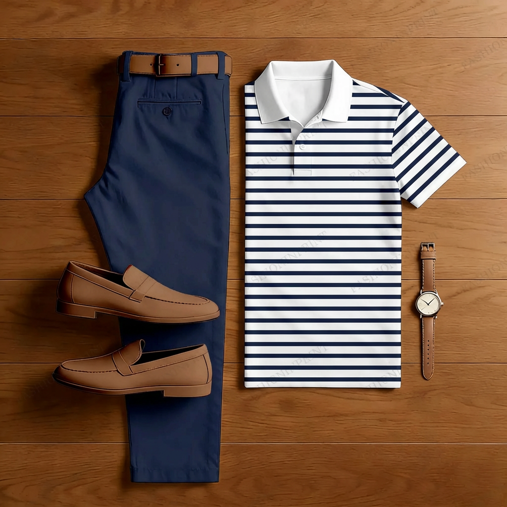 Men's Casual Black Striped Short-Sleeved Polo Shirt And Trousers Two-Piece Set