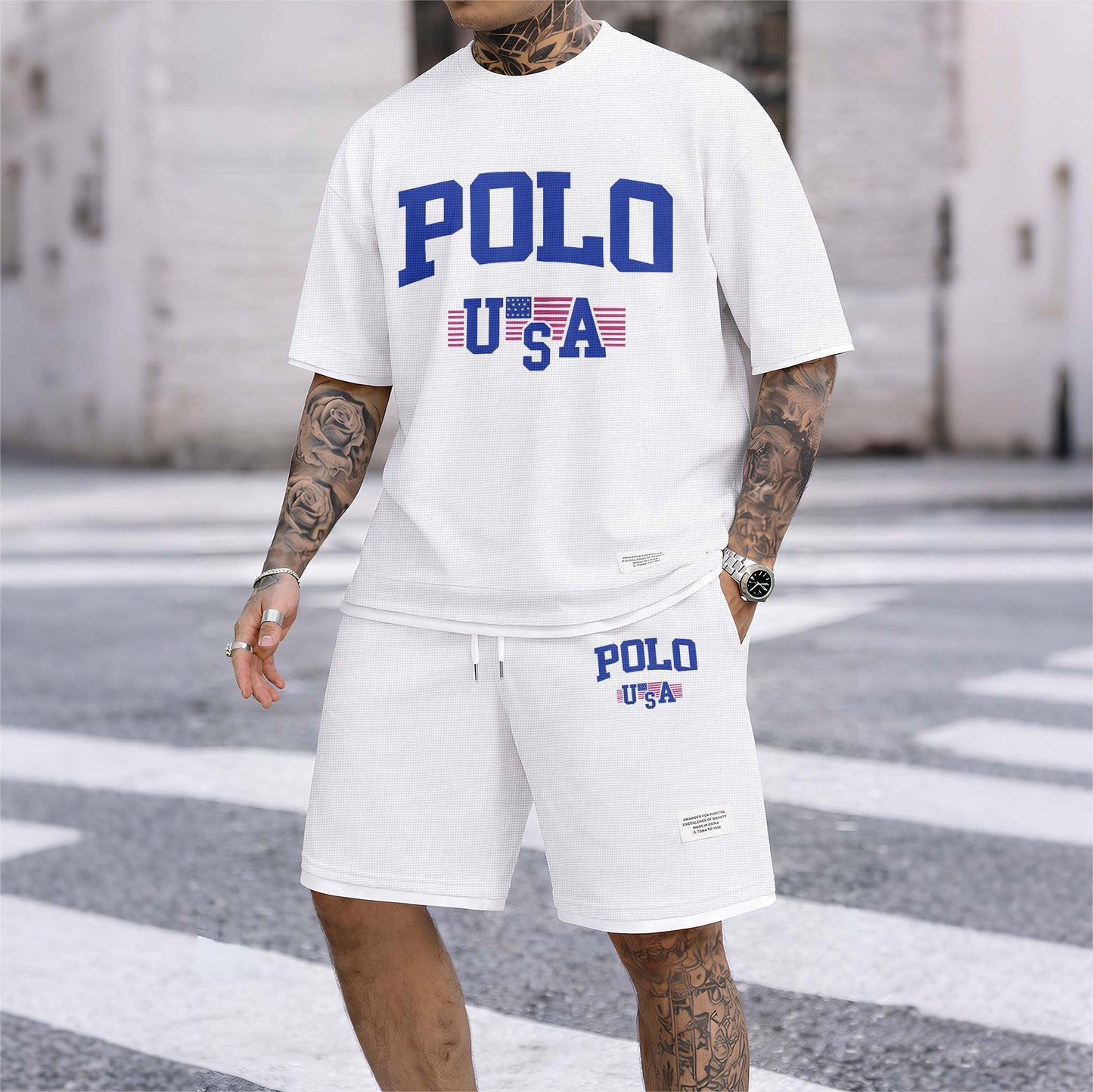 Men's USA Polo Print Drawstring Shorts Set For Spring/Summer. A Casual Summer Outfit, Including A Short-Sleeved Shirt And Shorts, Suitable For Everyday Wear And Sports. A Two-Piece Set For A Relaxed And Energetic Lifestyle.