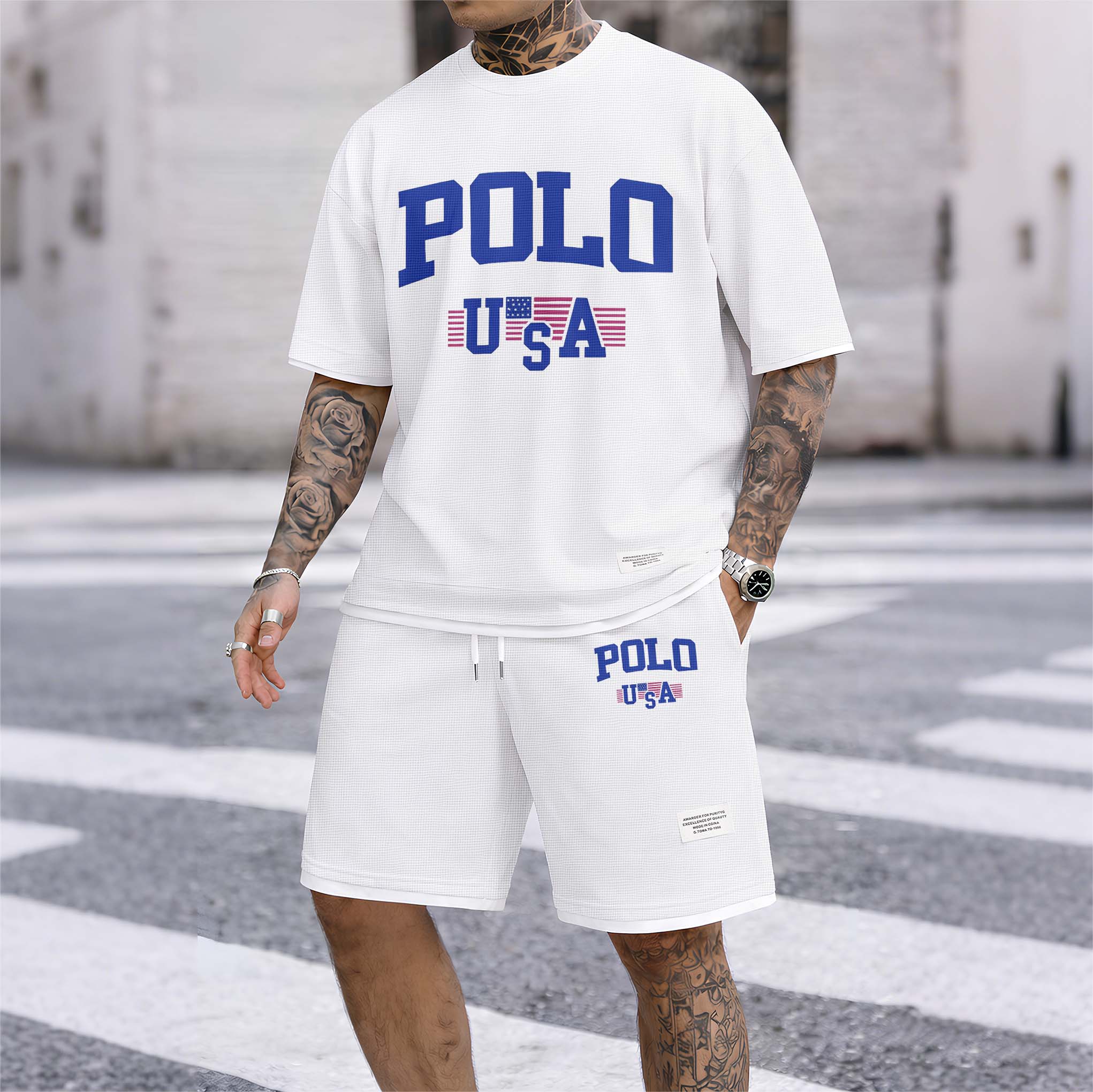 Men's USA Polo Print Drawstring Shorts Set For Spring/Summer. A Casual Summer Outfit, Including A Short-Sleeved Shirt And Shorts, Suitable For Everyday Wear And Sports. A Two-Piece Set For A Relaxed And Energetic Lifestyle.