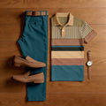 Men's Casual Dark Brown Geometric Printed Polo Shirt And Pants Two-Piece Set