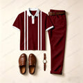 Men's Casual Burgundy Stripes Printed Polo Shirt And Pants Two-Piece Set