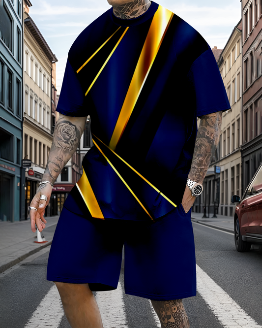 Men's casual colorblock print shorts set 598