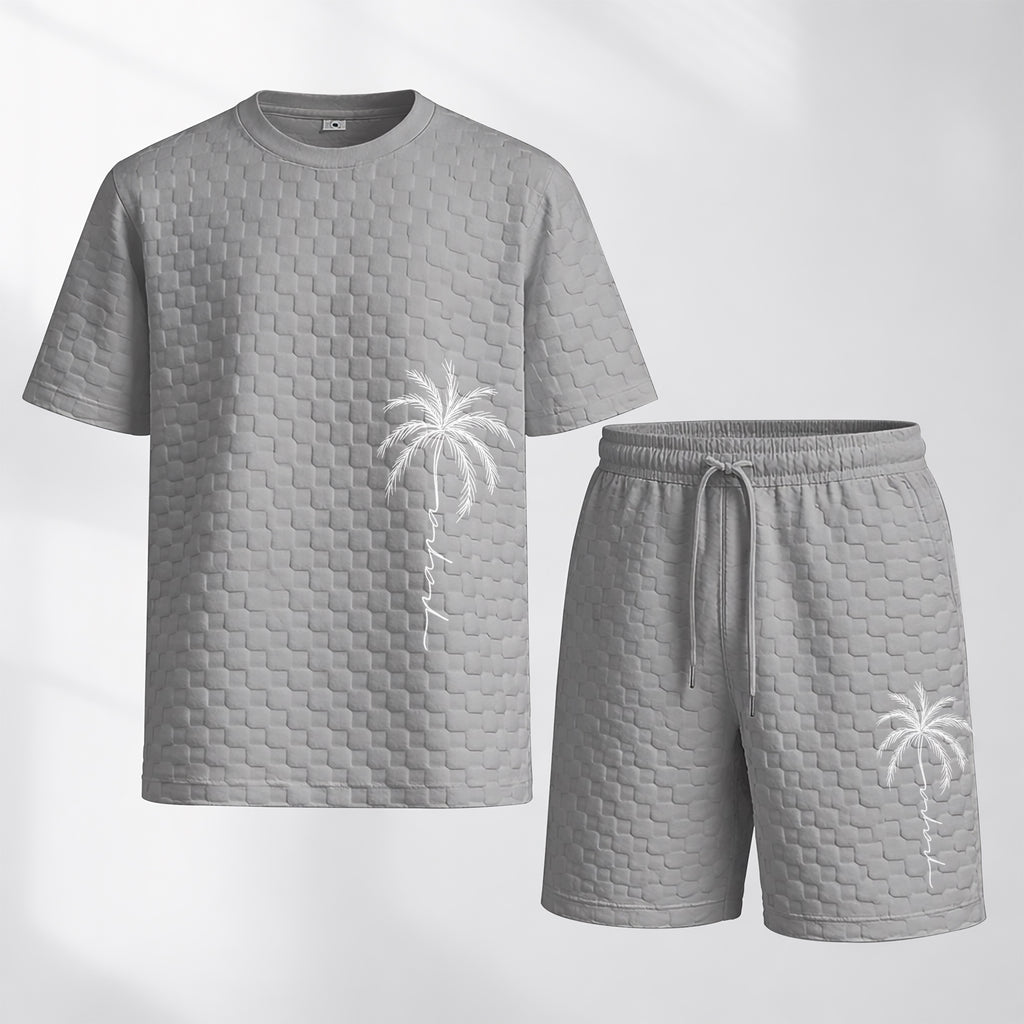 Men's Spring and Summer Palm Tree Print Checkered Fabric Drawstring Shorts Set, Casual Summer Outfit with Short-Sleeved Shirt and Shorts, Ideal for Everyday Wear and Sports Activities.