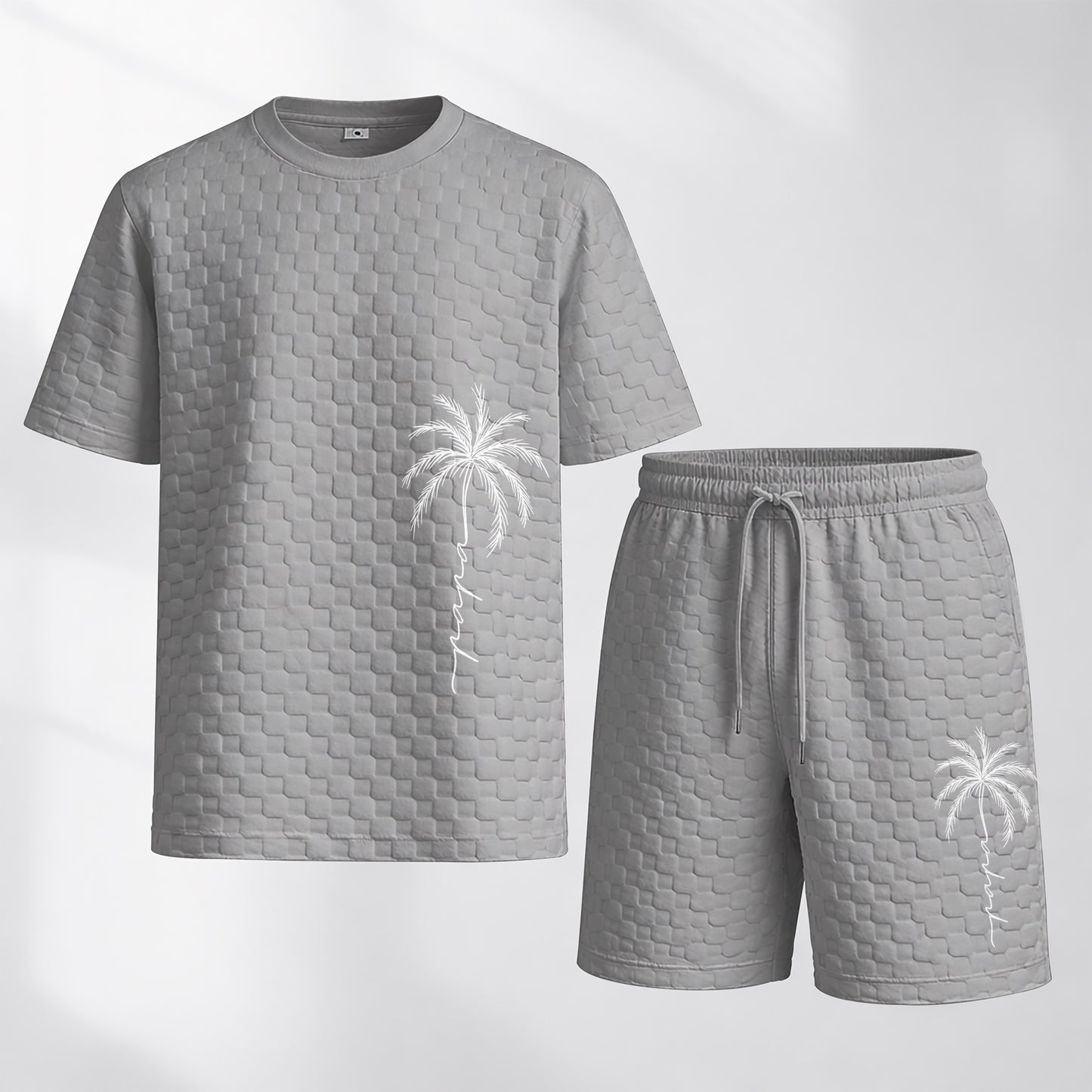 Men's Spring and Summer Palm Tree Print Checkered Fabric Drawstring Shorts Set, Casual Summer Outfit with Short-Sleeved Shirt and Shorts, Ideal for Everyday Wear and Sports Activities.
