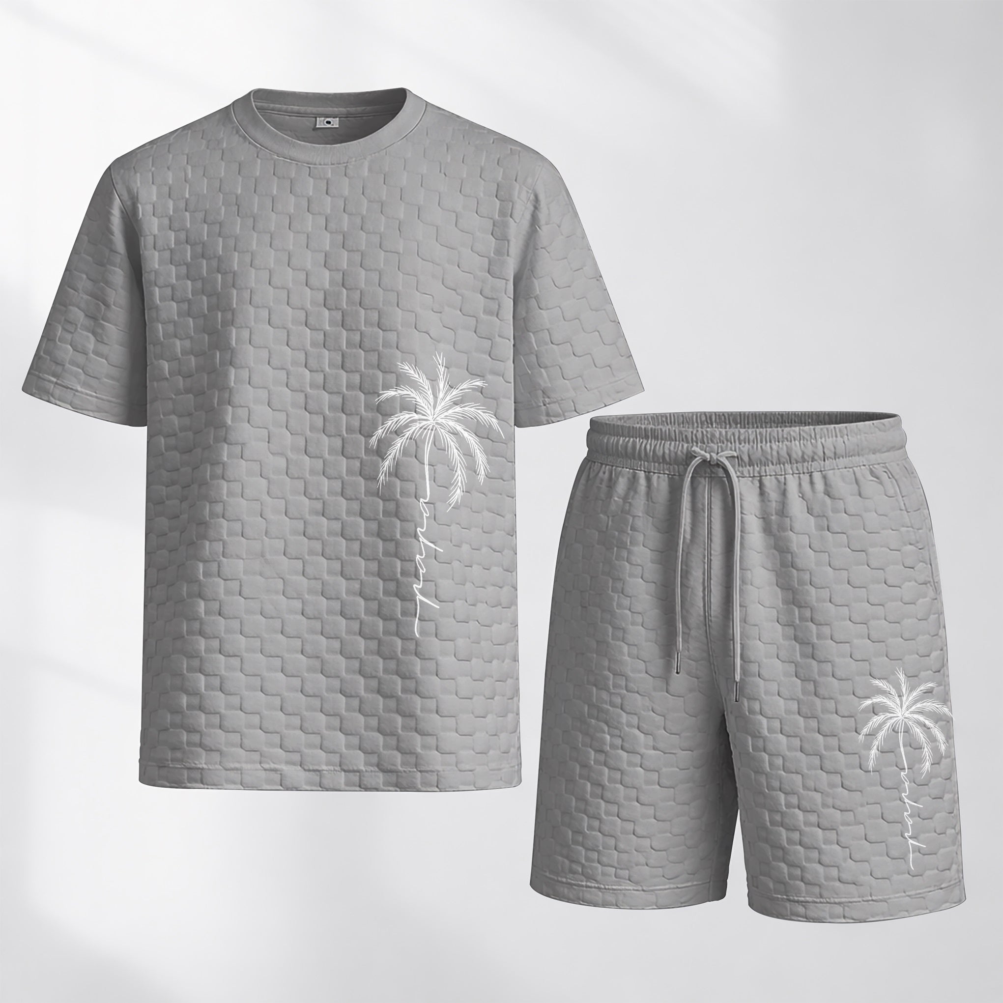 Men's Spring and Summer Palm Tree Print Checkered Fabric Drawstring Shorts Set, Casual Summer Outfit with Short-Sleeved Shirt and Shorts, Ideal for Everyday Wear and Sports Activities.