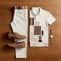 Men's Casual Off-White Geometric Printed Polo Shirt And Pants Two-Piece Set