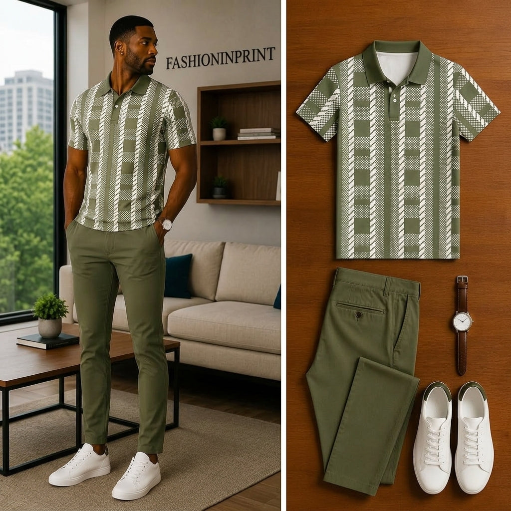 Men's Casual Short Sleeve Polo Shirt And Pants Two-Piece Set