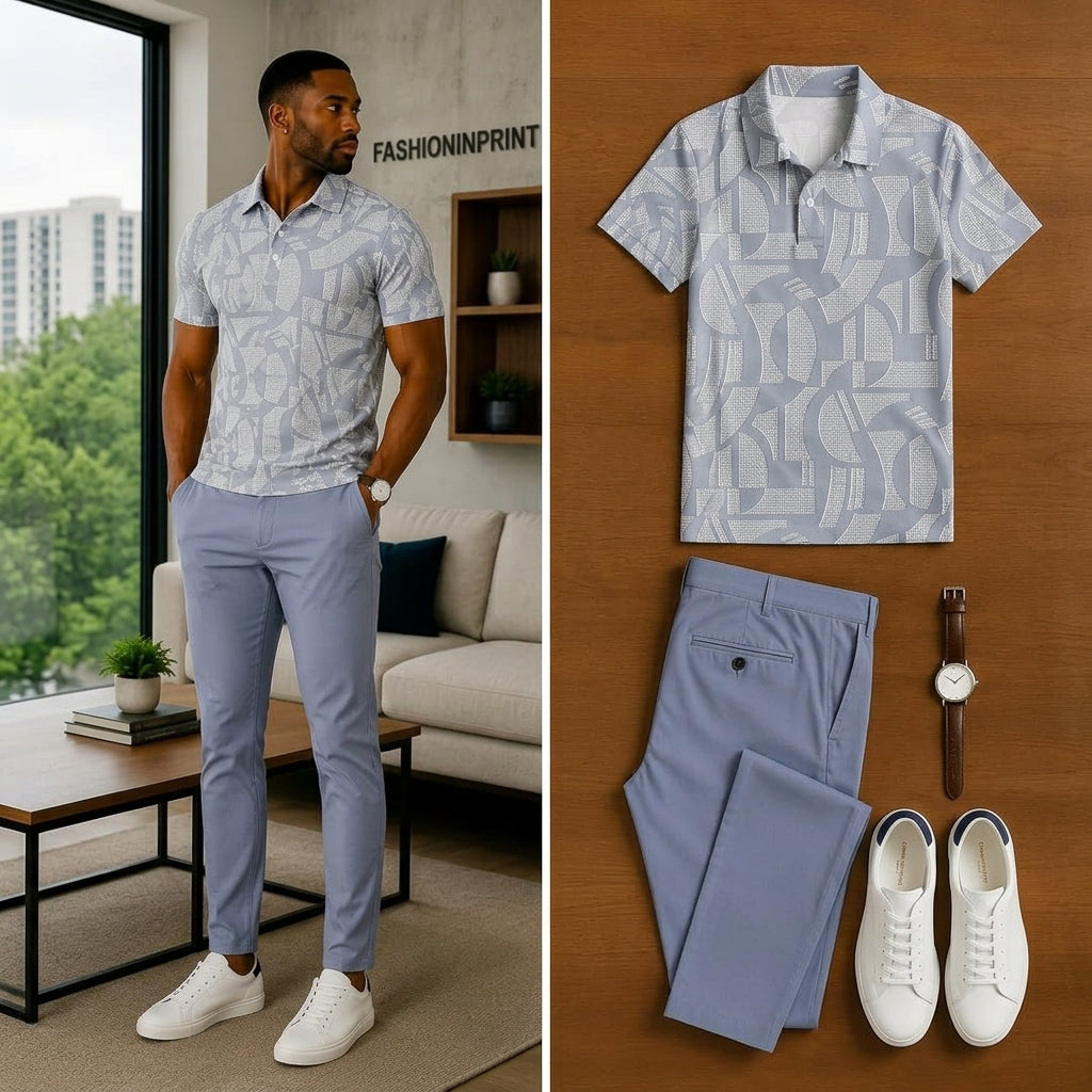 Men's Casual Short Sleeve Polo Shirt And Pants Two-Piece Set