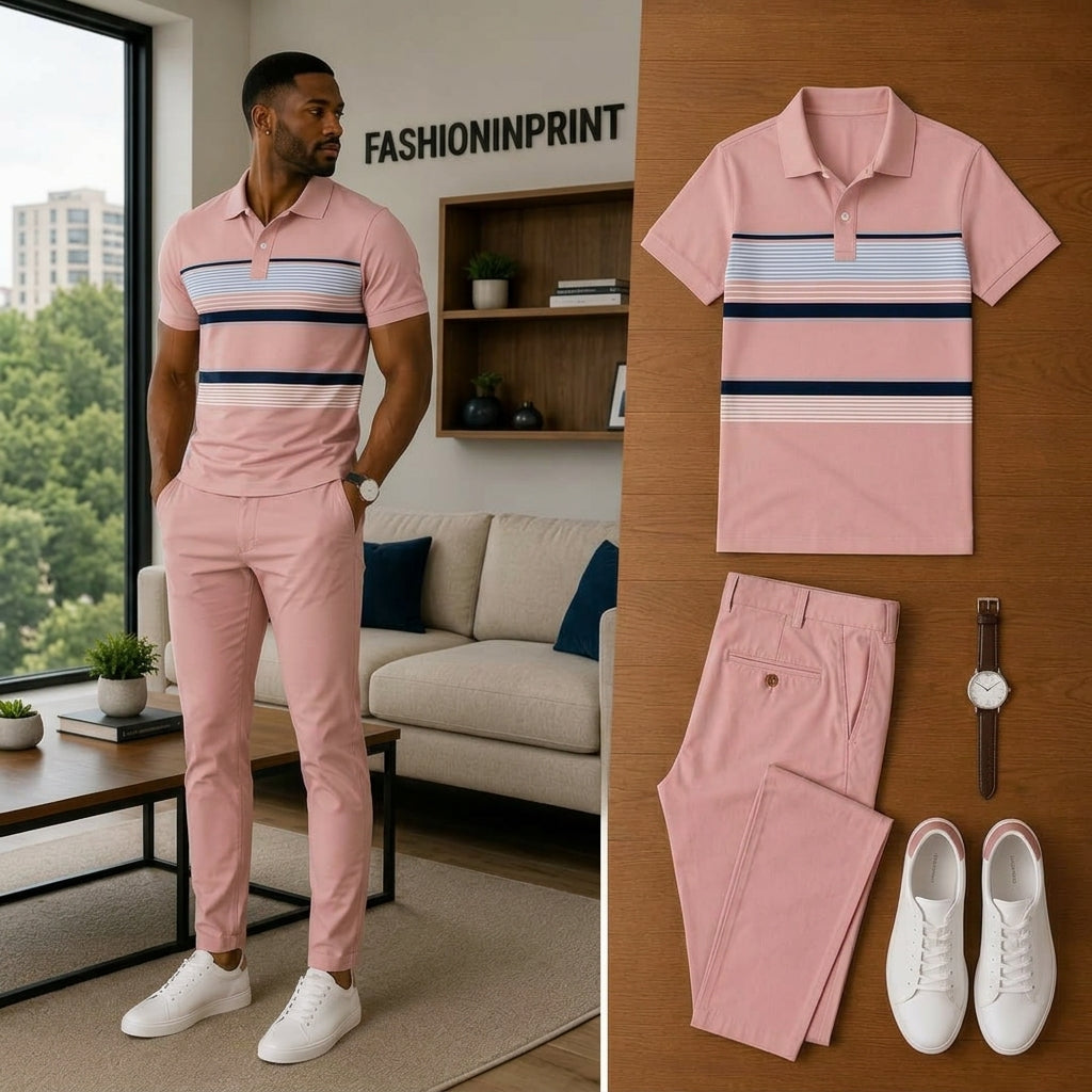 Men's Casual Short Sleeve Polo Shirt And Pants Two-Piece Set