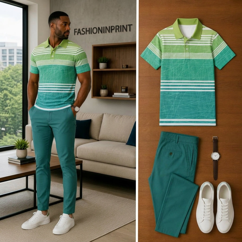Men's Casual Short Sleeve Polo Shirt And Pants Two-Piece Set