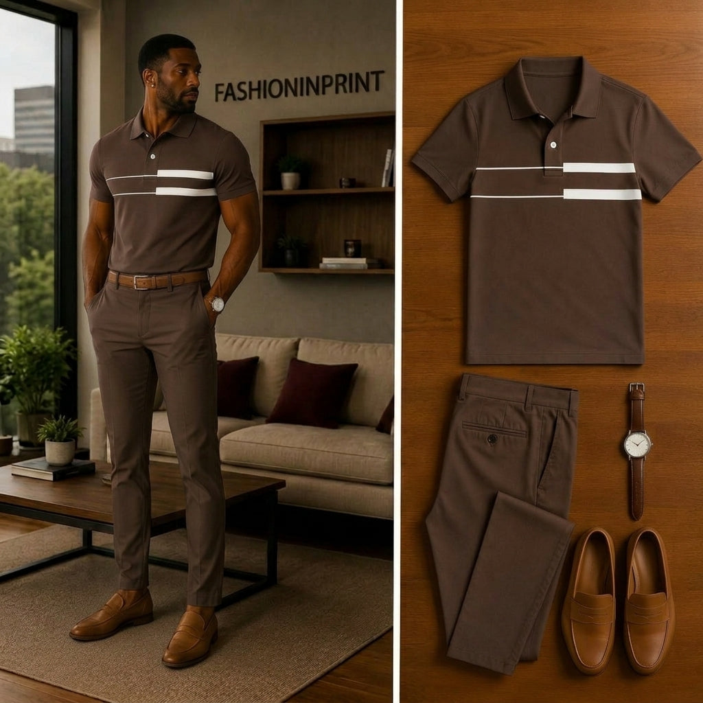 Men's Casual Short Sleeve Polo Shirt And Pants Two-Piece Set