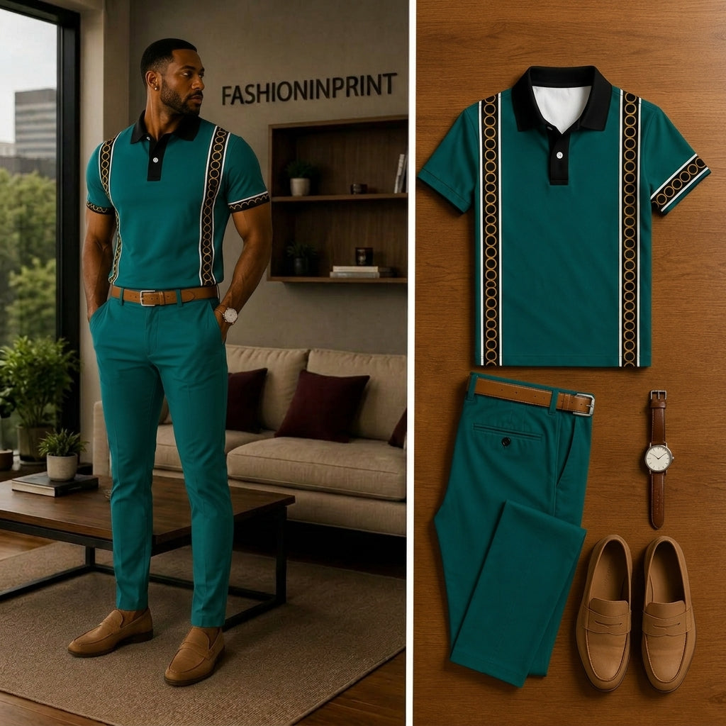 Men's Casual Short Sleeve Polo Shirt And Pants Two-Piece Set